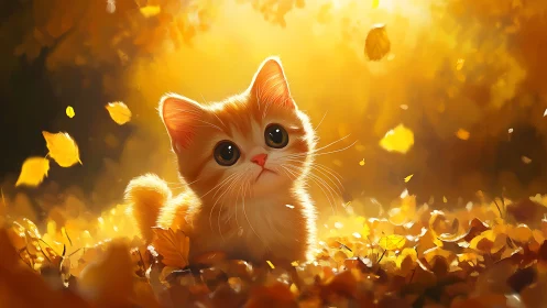 Adorable Kitten Surrounded by Golden Autumn Leaves