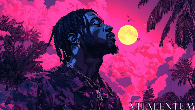 Neon moonlit dreamer bathed in tropical magenta skies.