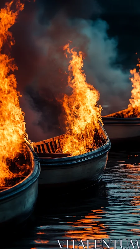 Boats Engulfed in Dramatic Orange Flames at Dusk
