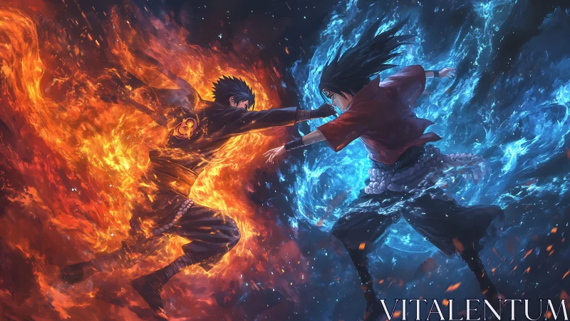 Clashing firestorm and tidal frost in anime duel standoff.
