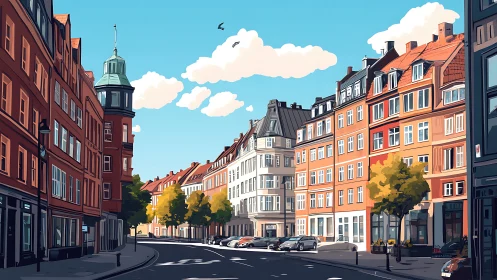 Colorful European street with sunlit townhouses and trees.