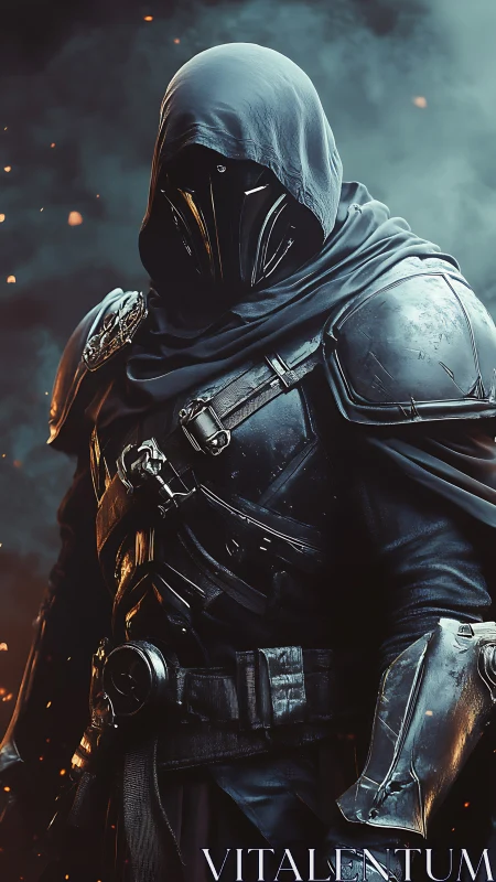 Mysterious armored wanderer in a storm of glowing embers.