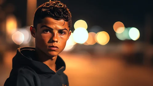 Serious teenage boy portrait against blurred city lights.