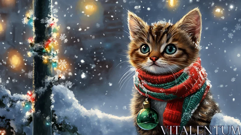 Snow-lit kitten portrait renders crisp fur detail and light scattering