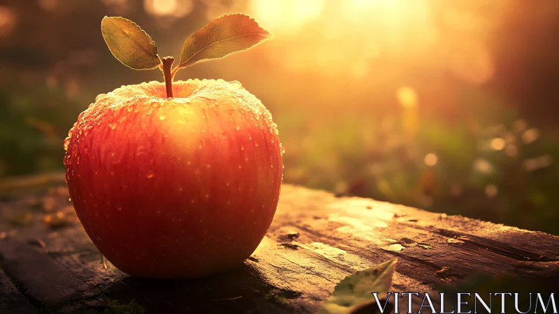 Red apple with dew on wooden surface in warm sunset light.