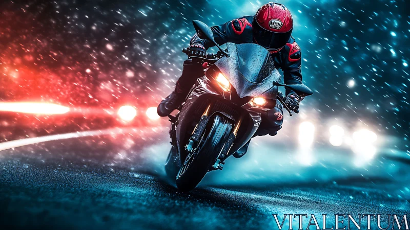 Motorcyclist leans into a neon storm on a wet night highway