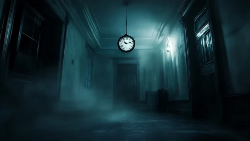 Dim corridor interior with suspended clock and low mist.