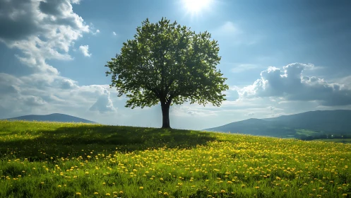 Sunlit lone tree presiding over a dandelion meadow dreamscape.