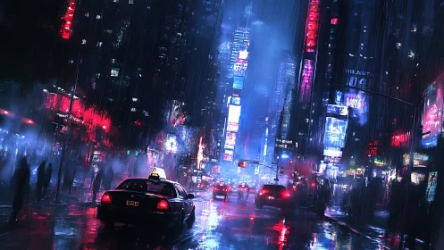 Rainy neon city street glowing with late night taxi lights.