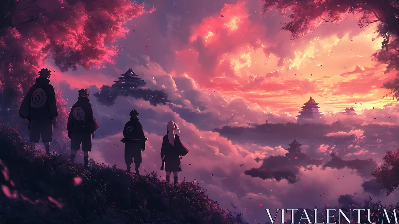 Silhouetted figures observe layered cloud temples at sunset