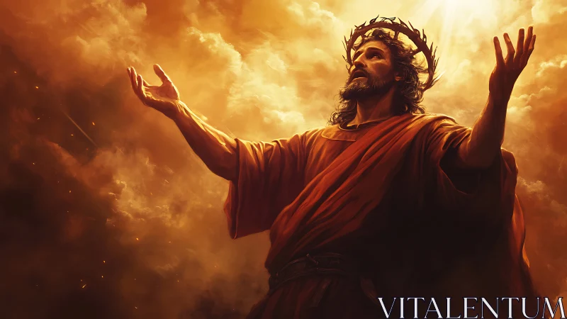 Radiant robed figure uplifted in golden heavenly light.