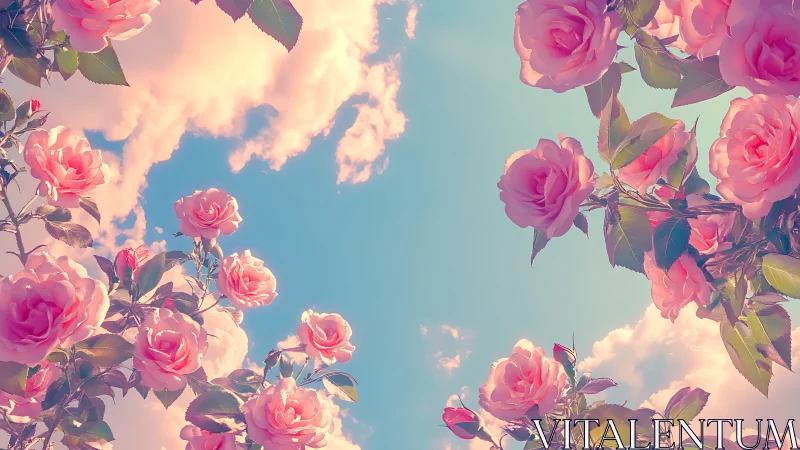 Pink Roses Against Blue Sky with Clouds