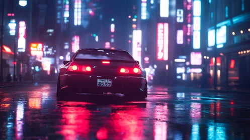 Neon drenched sports car idles in rain soaked cyberpunk street