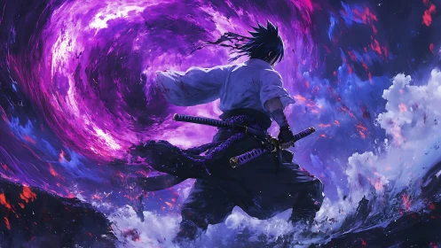 Swordsman commands swirling violet energy vortex sky