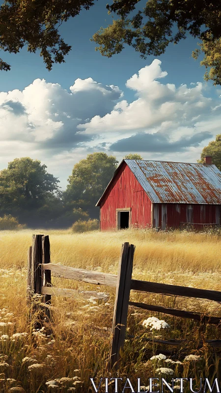 Red barn anchors sunlit meadow under towering clouds.