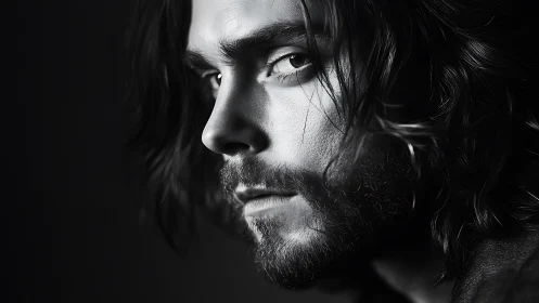 High-contrast monochrome close-up portrait with raking key light