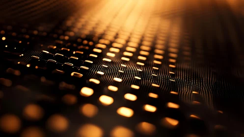Abstract golden circuit board closeup with glowing lights.