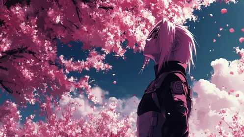 Anime character under sakura canopy in atmospheric profile study.