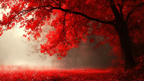 Scarlet forest canopy framing misty backlit meadow scene.