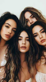 Four young women posing closely in soft studio light.