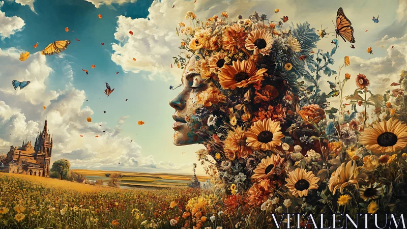 Floral goddess of nature dreams beside a golden castle field