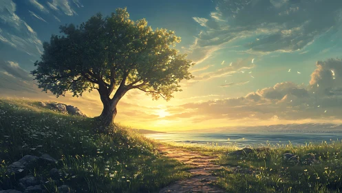 Solitary shoreline tree under radiant cinematic sunset sky.