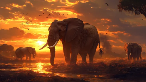 Radiant savanna elephants under volumetric sunset illumination.