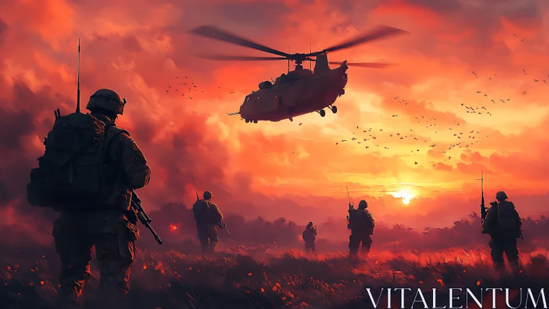 Sunset mission scene shows soldiers moving toward a waiting copter