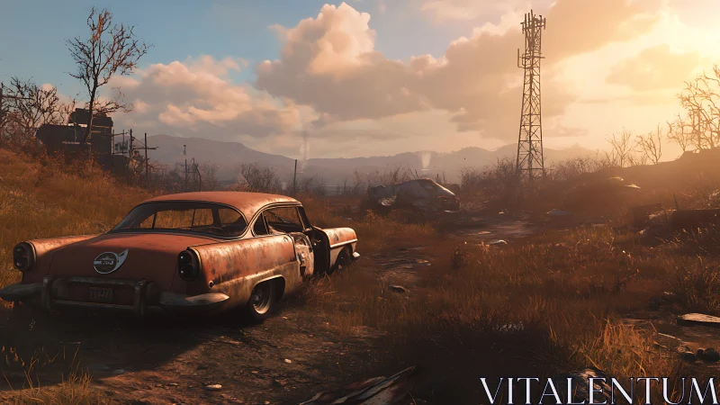 Rusted highway ghost under a burning afterworld sky.