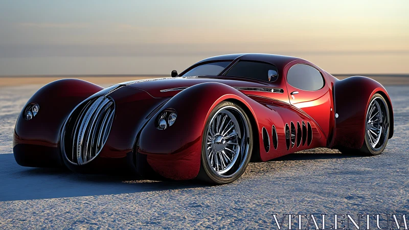 Streamlined crimson concept coupe with retro-futurist curves.