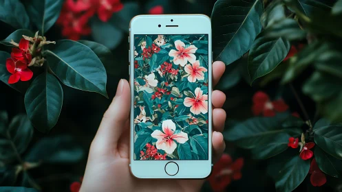 White smartphone displaying botanical floral pattern against garden setting