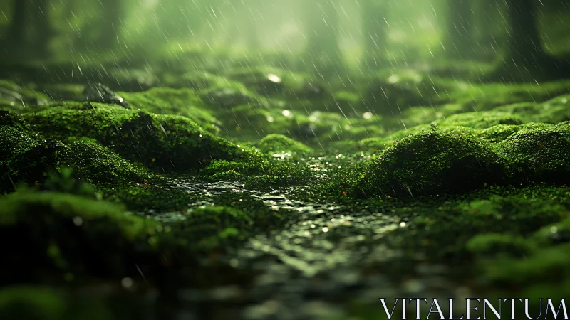 Moss-Covered Stone in Rain.