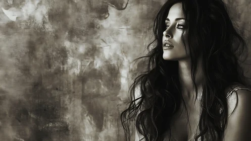 Storm-eyed muse in sepia silence, pausing between heartbeats.