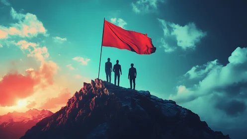 Crimson summit flag and three silhouettes under electric sky.