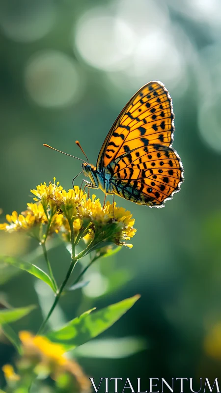 Butterfly rests on yellow wildflowers in controlled shallow focus
