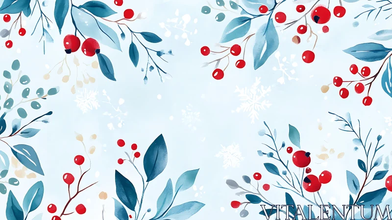 Hydrographic winter foliage matrix with red berry accents.