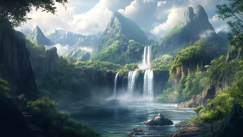 Dreamy mountain waterfalls in a hidden green valley.