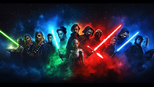 Star Wars heroes and villains lined in glowing nebula colors.