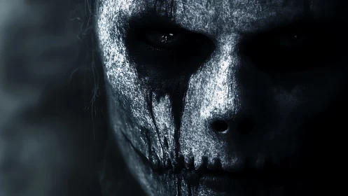 High-contrast skull face makeup with cinematic low-key lighting