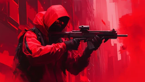 Hooded tactical gunman in red urban digital artwork.