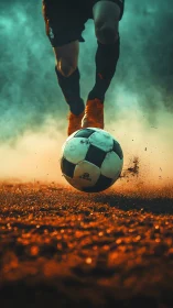 Soccer player striking ball on dusty field at low angle.