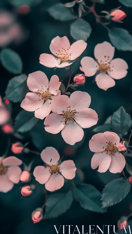 Delicate Pink Blossoms Dance Among Emerald Leaves