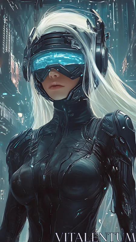 Neon Oracle in carbon armor patrolling the data rainstorm.