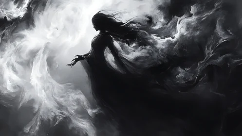 Ethereal robed silhouette shaping monochrome swirling nebula