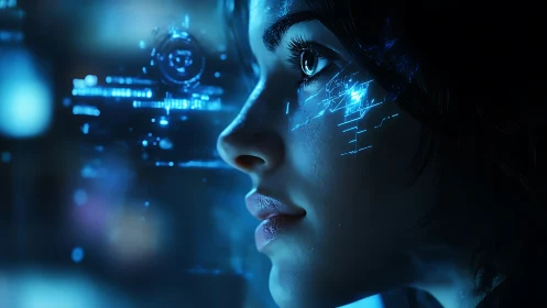 Augmented human profile integrates blue holographic HUD and facial circuitry