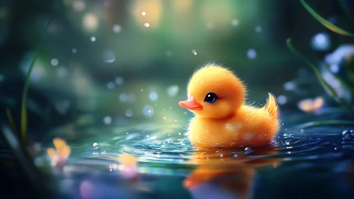 Fluffy duckling drifts through glowing forest pond at dusk