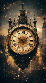 Ornate vintage clock hovers above luminous neo-noir cityscape