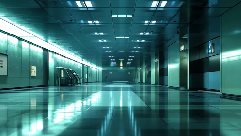 Silent teal transit concourse under reflective neon glow.