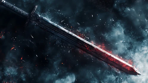 Stormlit embers along the edge of a legendary sword.