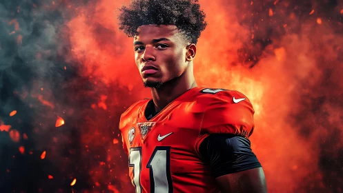 Intense football player in red uniform amid fiery smoke.